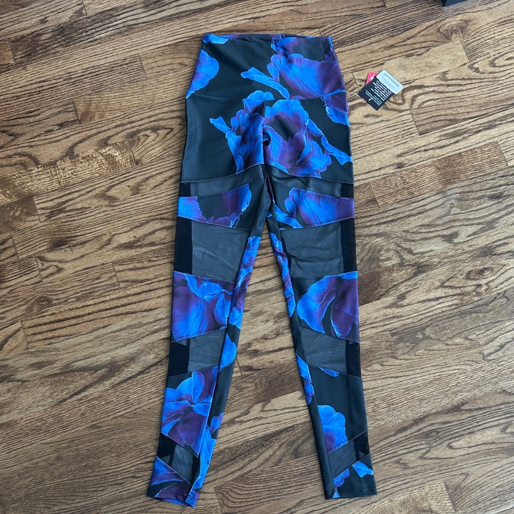 Onzie Black Leggings with Blue & Purple Floral Panels